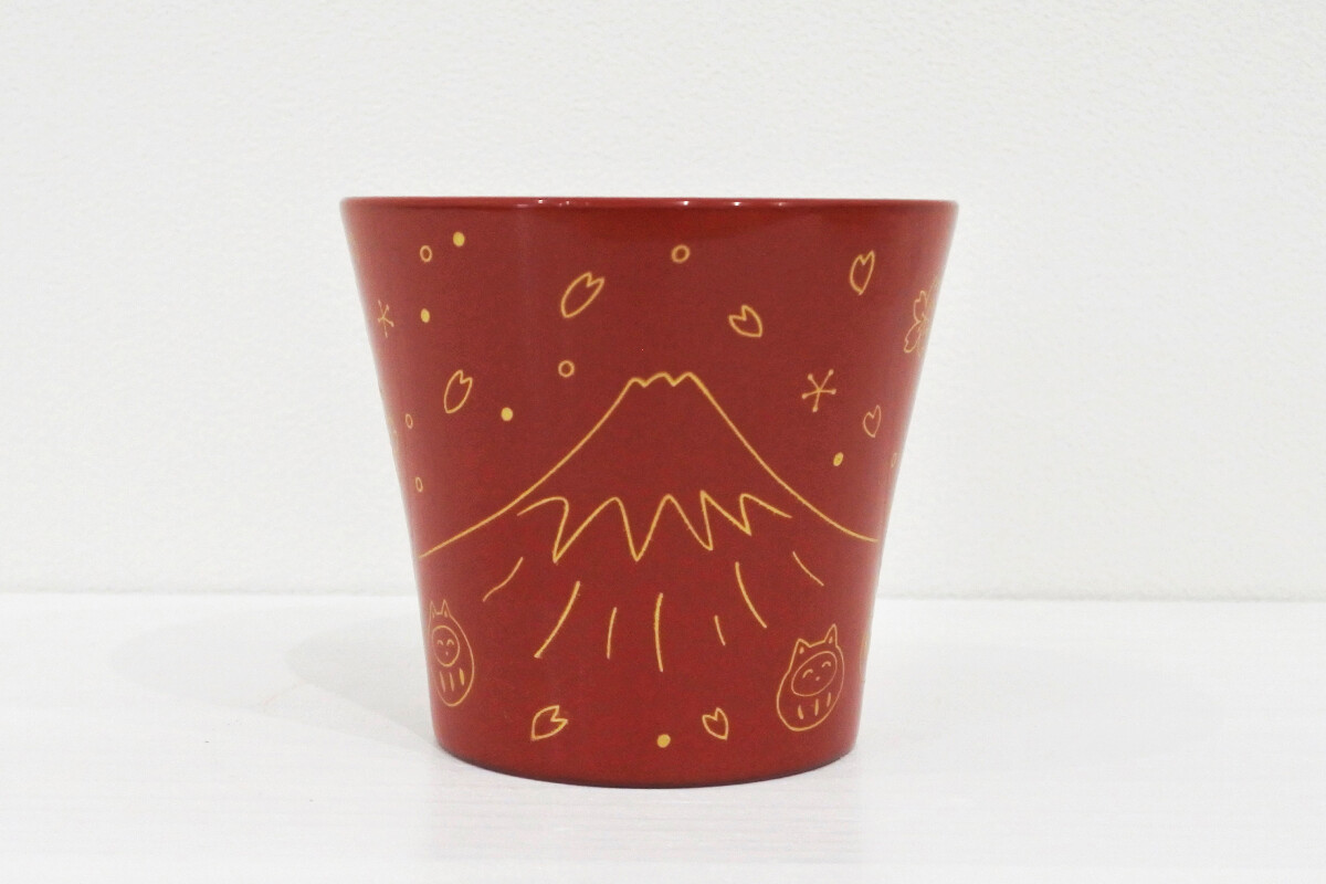 越前漆器カップ　「富士山とねこだるま」　赤　（桐箱付き）の画像
